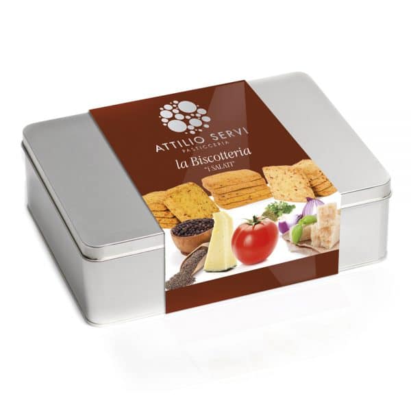 Biscotti salati Attilio Servi in contenitore in latta