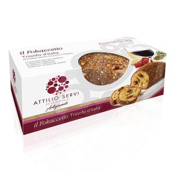 Focaccia salata artigianale con pomodori secchi, pecorino e origano Attilio Servi